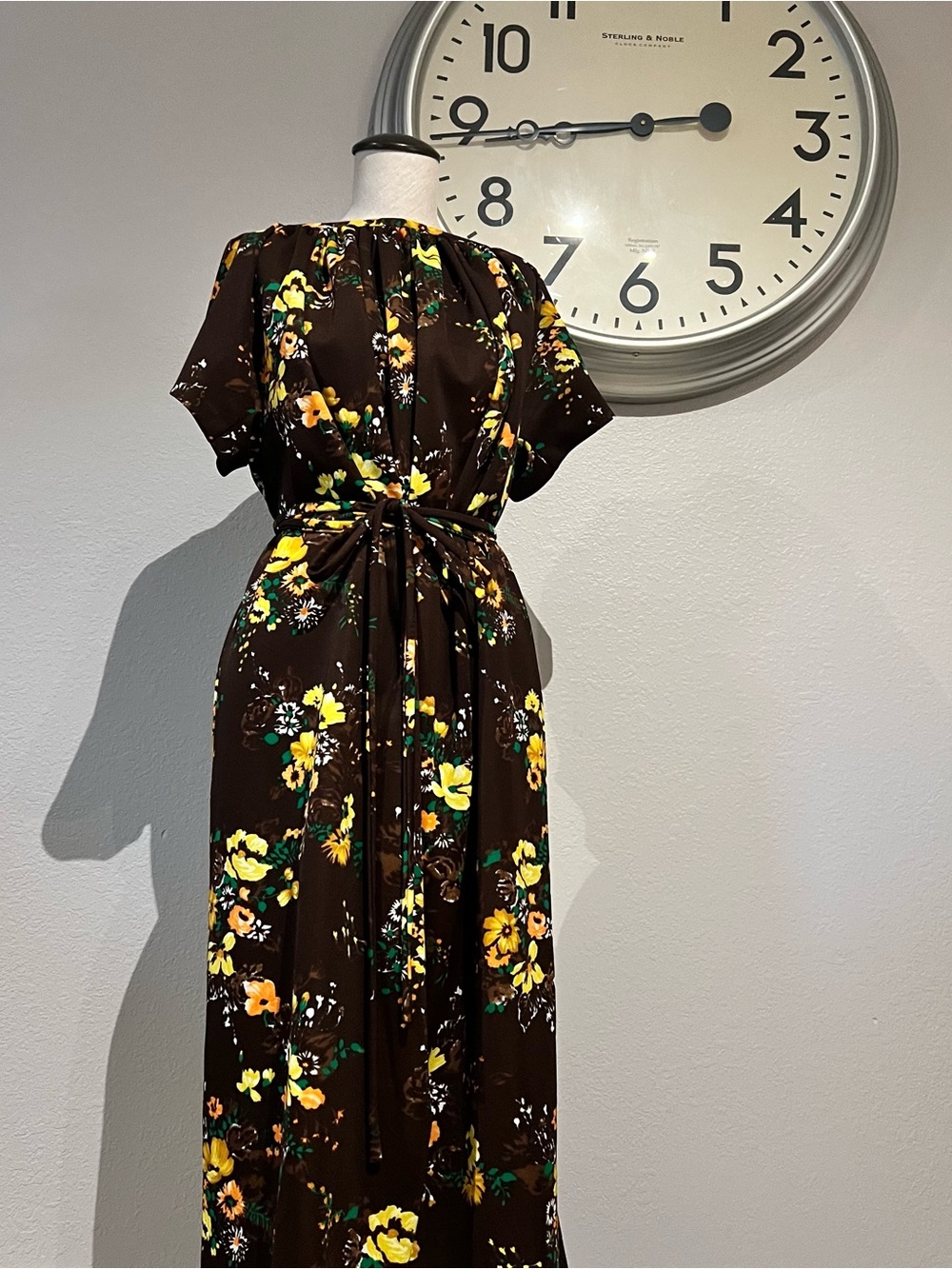 Vintage Brown Maxi Dress with Yellow Floral Print